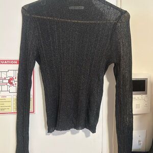 12th Tribe Black Metallic Long Sleeve Sheer Top